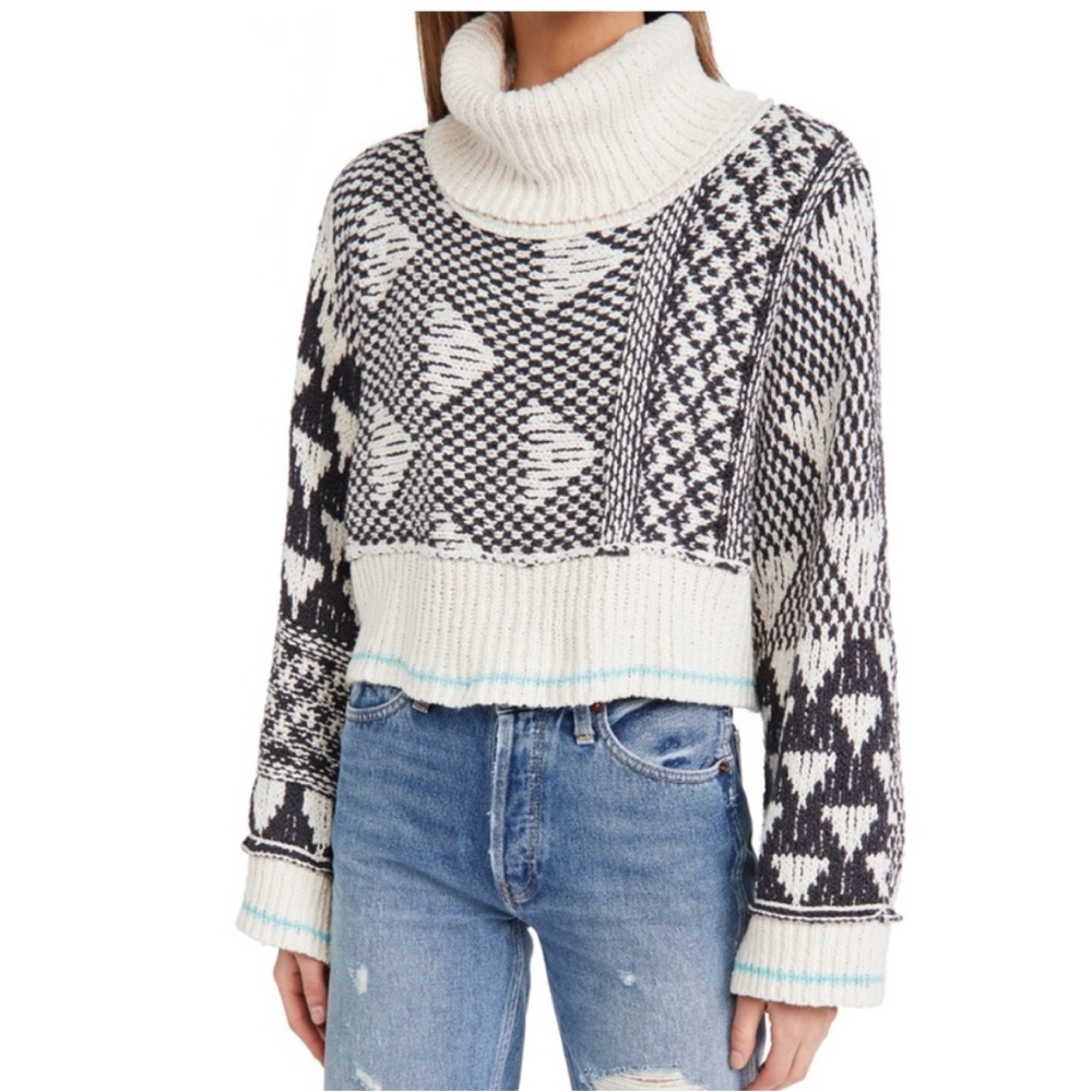 XSmall Free People Gray Cream Patterned Turtleneck Jupiter Pullover Knit Sweater